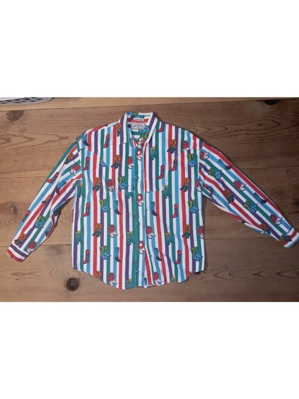 Vtg 90s Side Saddle Womens M Button Down Western Shirt Bright Stripe Boot Print